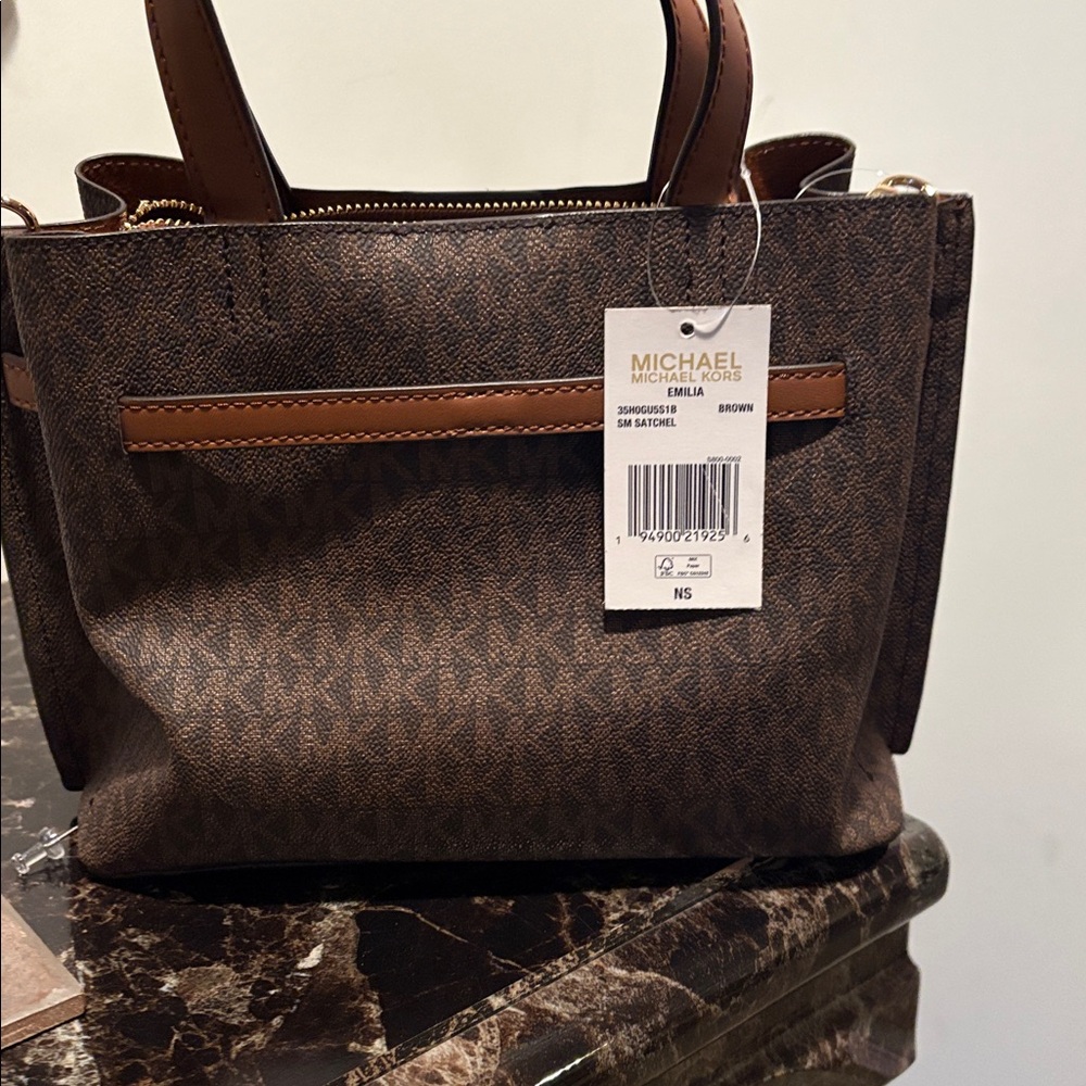 NWT Michael Kors Emilia Dark Brown Satchel with Tan Accents - Picture 2 of 4